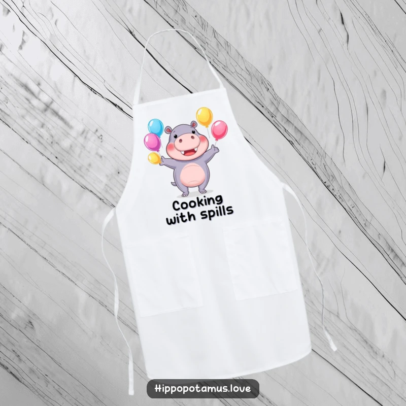 Funny hippo apron showing a cheerful hippopotamus juggling colorful water balloons, humorous kitchen apparel.