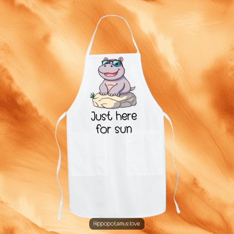 Funny hippopotamus character in sunglasses, lounging, on a kitchen apron, blending humor with practical cooking wear.