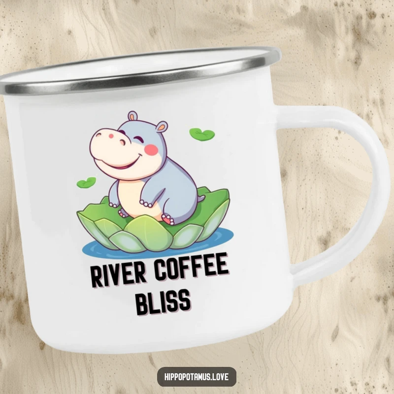 Funny hippo camping mug showing a playful hippopotamus giggling while riding a giant lily pad, humorous outdoor gear.