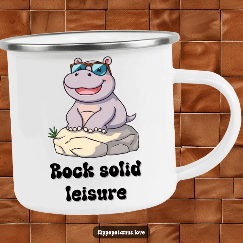Funny hippopotamus character in sunglasses, lounging on a rock, on a durable camping mug, perfect for humorous outdoor trips.