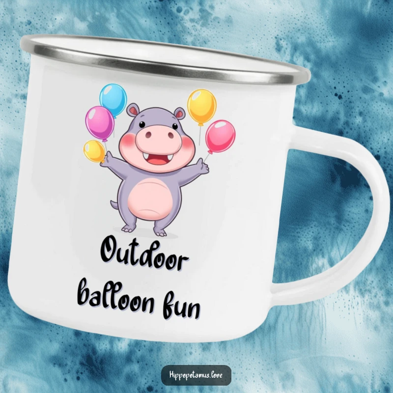 Funny hippo camping mug showing a cheerful hippopotamus juggling colorful water balloons, humorous outdoor gear.