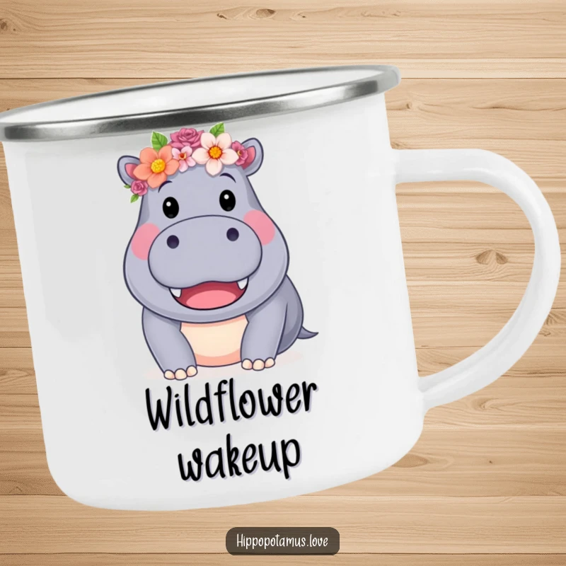Funny Hippo Flower Crown Camping Mug with a friendly hippo and flower crown, perfect for outdoor fun, an adventurous funny gift.