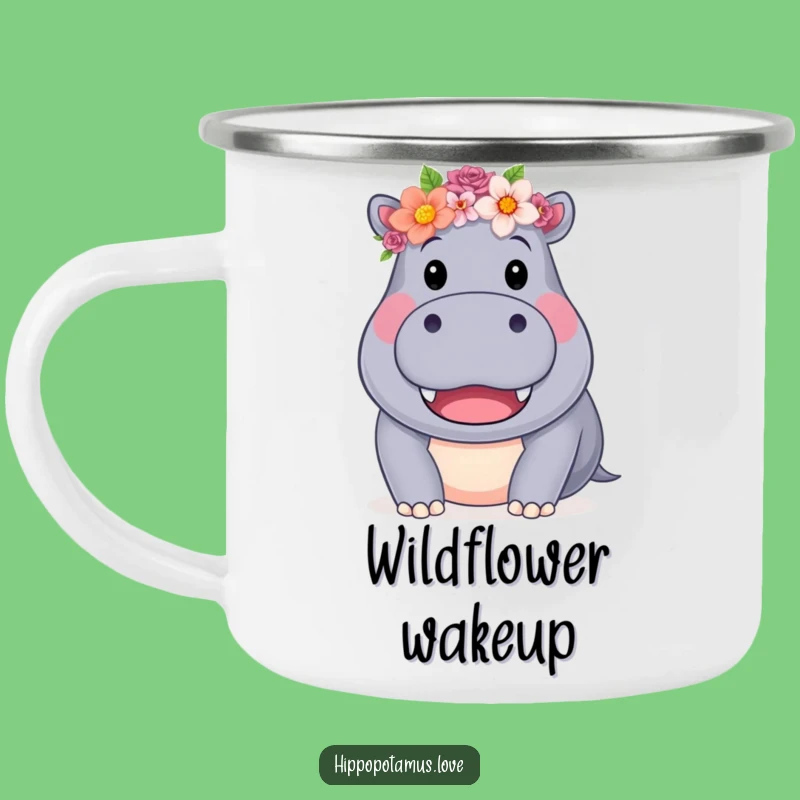 Funny Hippo Flower Crown Camping Mug: Floral Camp Vibes, a durable and funny gift.