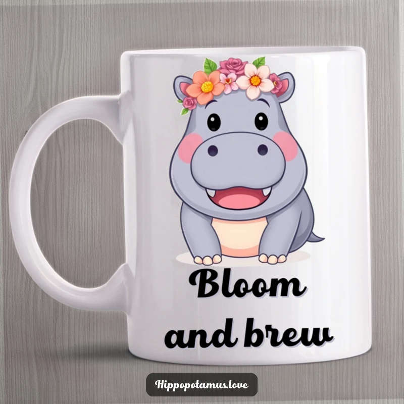 Funny Hippo Flower Crown Mug featuring a friendly hippo adorned with a flower crown, offering a toothy smile, a cute funny gift.