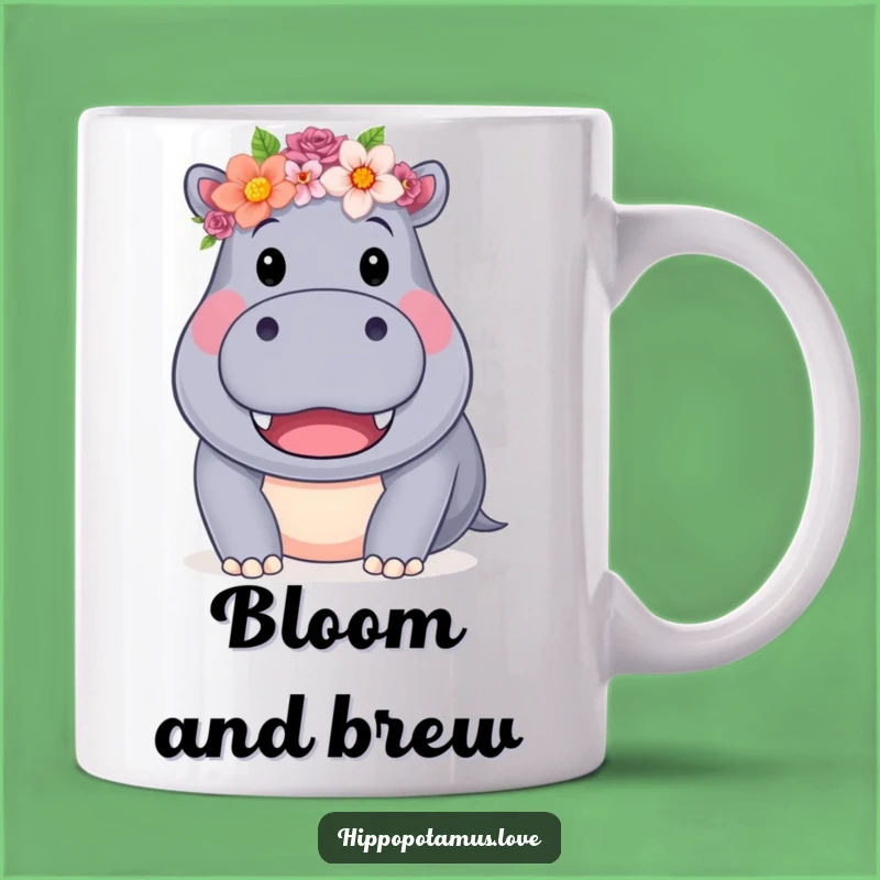 Funny Hippo Flower Crown Mug: Friendly Hippo Smile, a perfect funny gift for flower lovers.