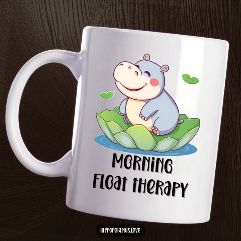 Funny hippo mug showing a playful hippopotamus giggling joyfully while riding a giant lily pad on water.