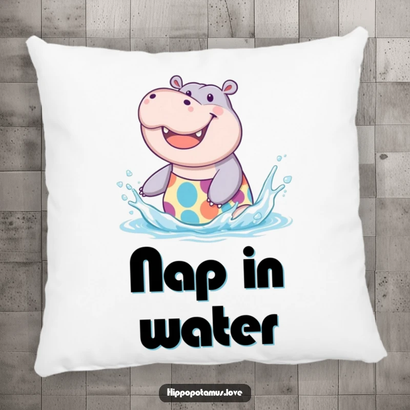 Funny Hippo Splash Pillow featuring a joyful hippo in a swimsuit, designed for comfort and cheer, a cute funny gift.