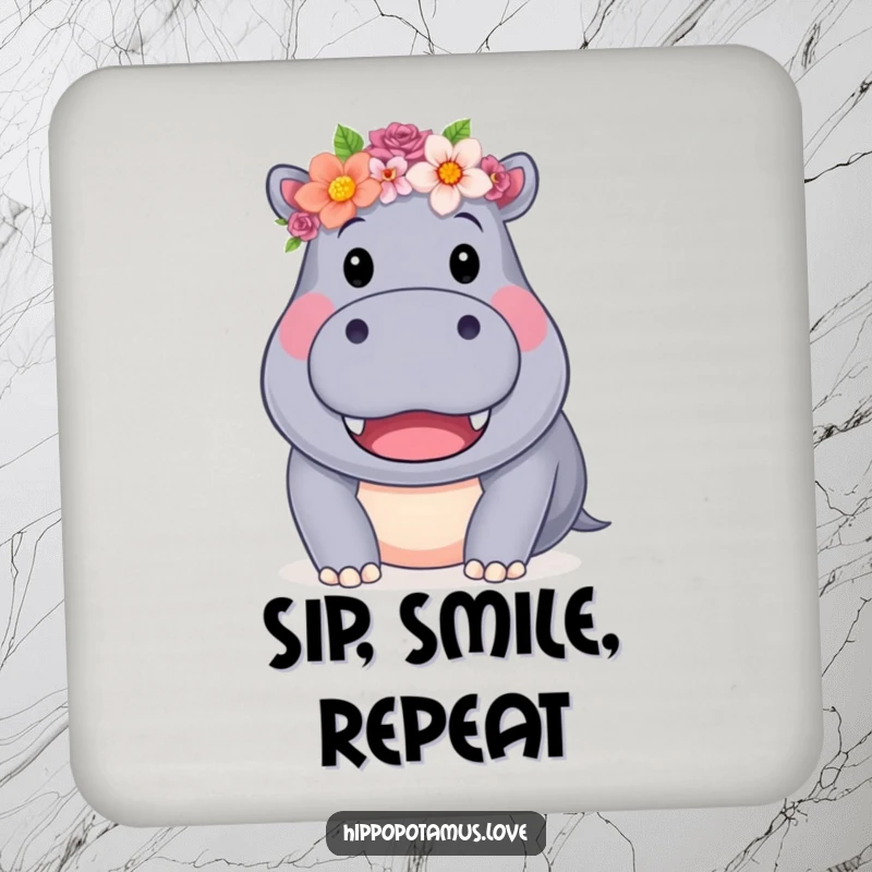 Funny Hippo Flower Crown Coasters featuring a friendly hippo with a flower crown, protecting surfaces with charm, a quirky funny gift.