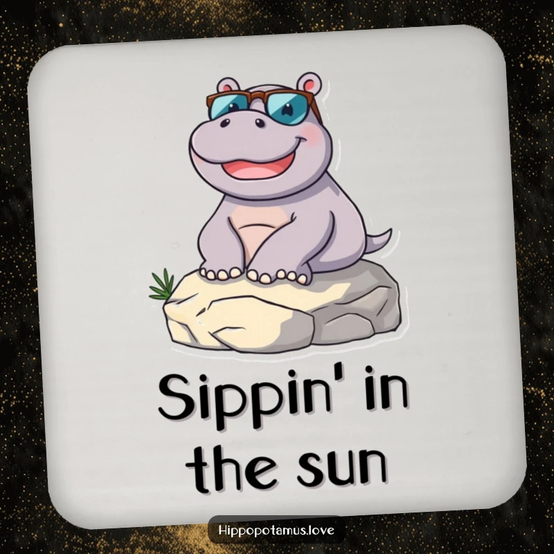 Funny hippopotamus character in sunglasses, lounging, depicted on a drink coaster for stylish and humorous surface protection.