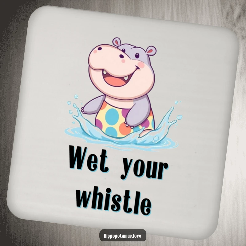Funny Hippo Splash Coasters featuring a joyful hippo in a swimsuit, protecting surfaces with cheer, a quirky funny gift.