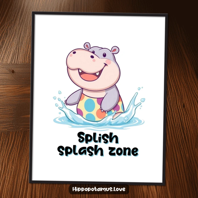 Funny Hippo Splash Poster of a joyful hippo in a swimsuit, happily splashing water, a delightful funny gift.