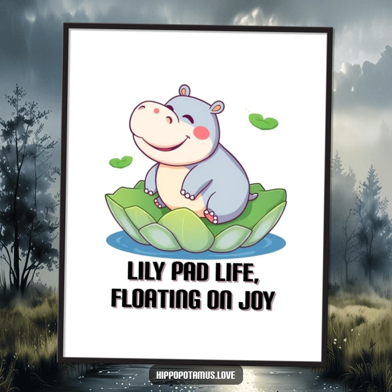 Funny Free Printable Wall Art: A happy hippo giggles on a lily pad, a whimsical water-themed piece.