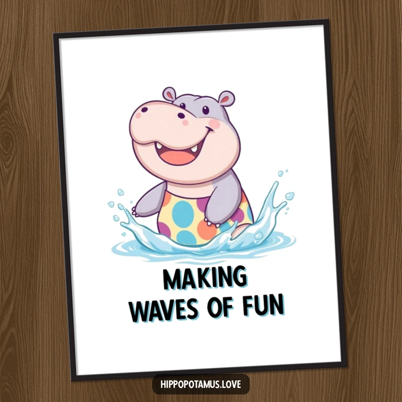 Funny Free Printable Wall Art, a joyful hippo in a swimsuit splashing water with a huge, happy grin.