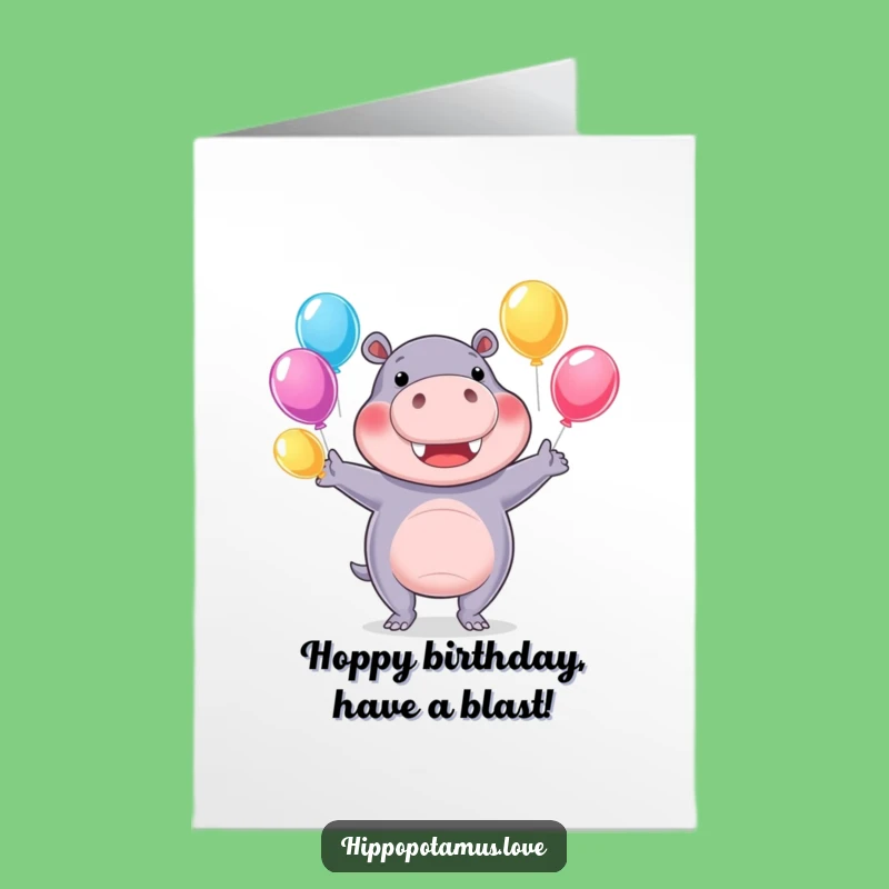 Free Printable Funny Hippo Birthday Card - Juggling Water Balloons Downloadable Gift