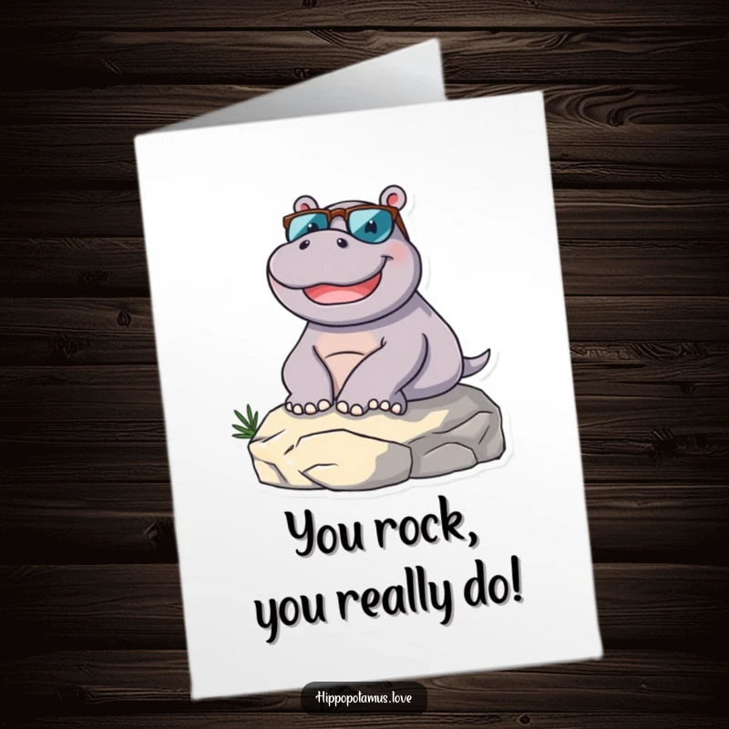 Funny Free Printable Congratulations Card: A delighted hippo in sunglasses lounging on a sunny rock, celebrating your success.
