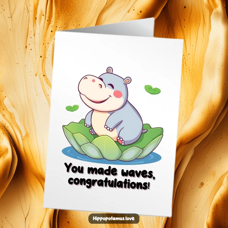 Funny Free Printable Congrats Card: A giggling hippo rides a lily pad, celebrating good news on the water.