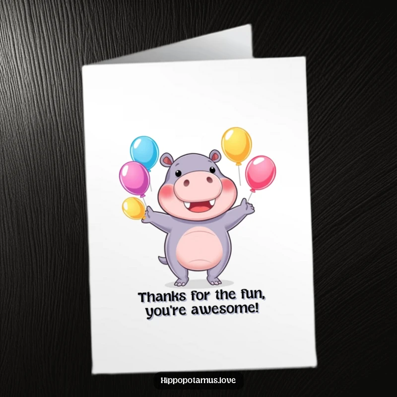 Funny Free Printable Thank You Card: A hippo juggles colorful balloons, sending thanks with a cheerful smile.