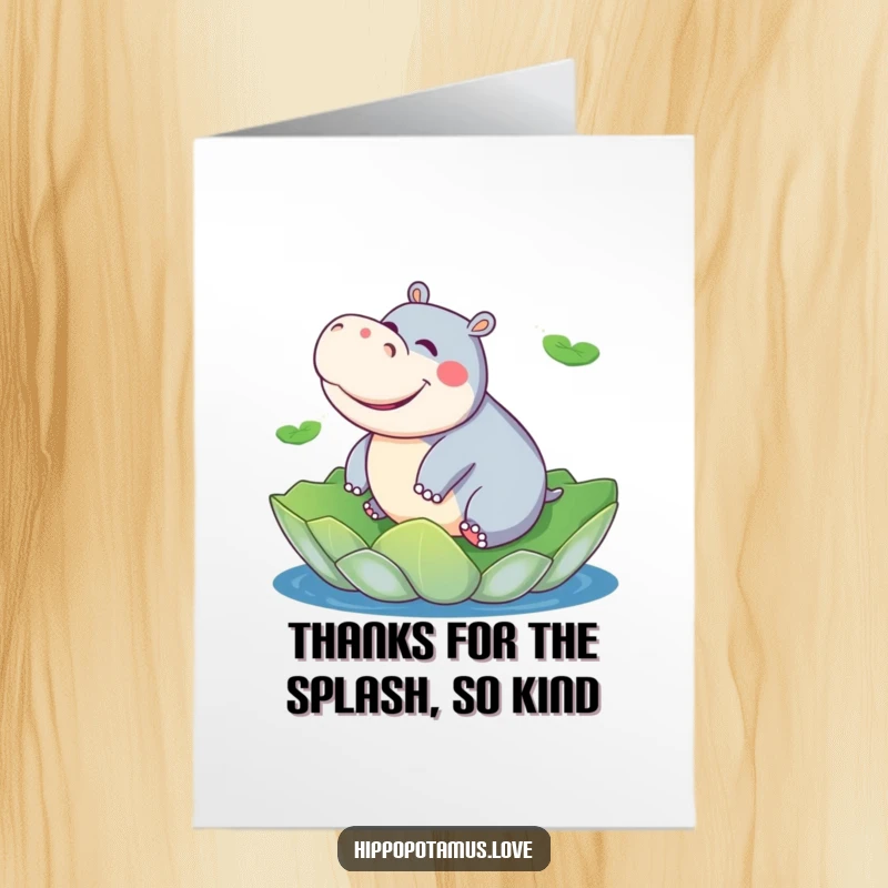 Funny Free Printable Thank You Card: A hippo giggles on a lily pad, sending thanks with a watery smile.
