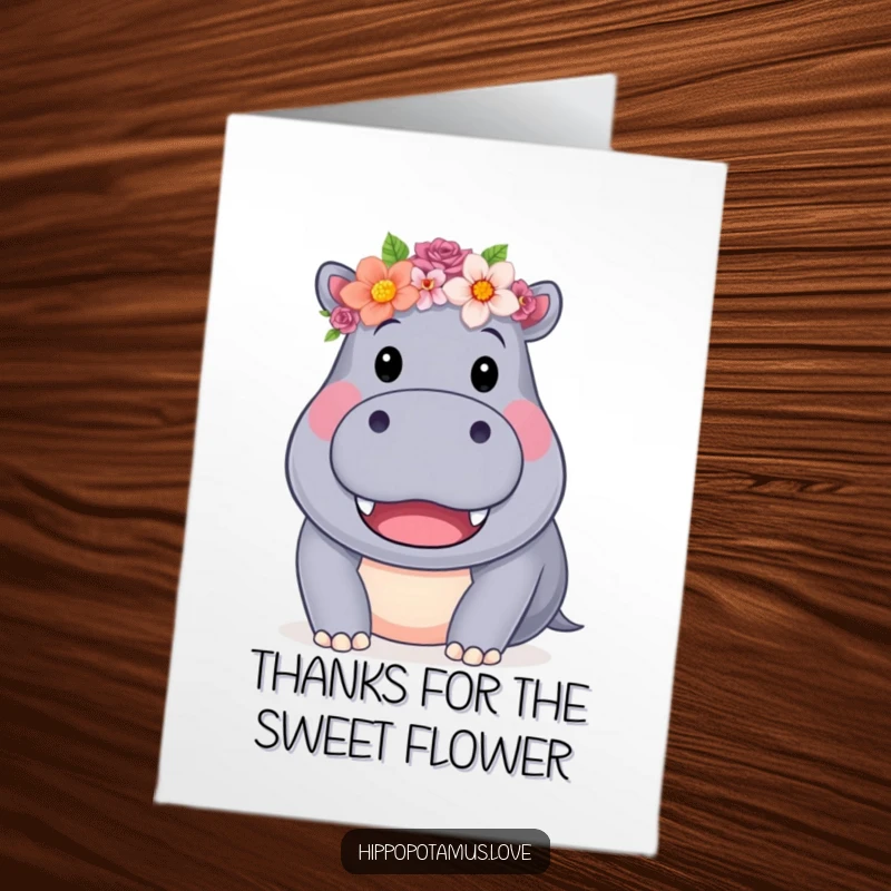 Funny Free Printable Thank You Card, a friendly hippo with a flower crown, offering a big, happy smile.