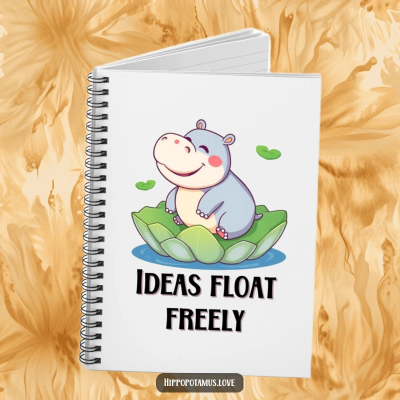 Funny hippo notebook featuring a playful hippopotamus giggling while riding a giant lily pad, perfect for journaling.