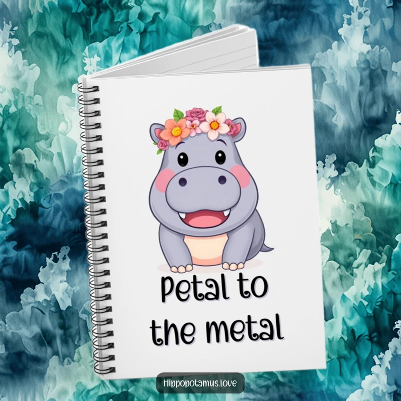 Funny Hippo Flower Crown Notebook featuring a friendly hippo with a flower crown, perfect for notes, a useful funny gift.