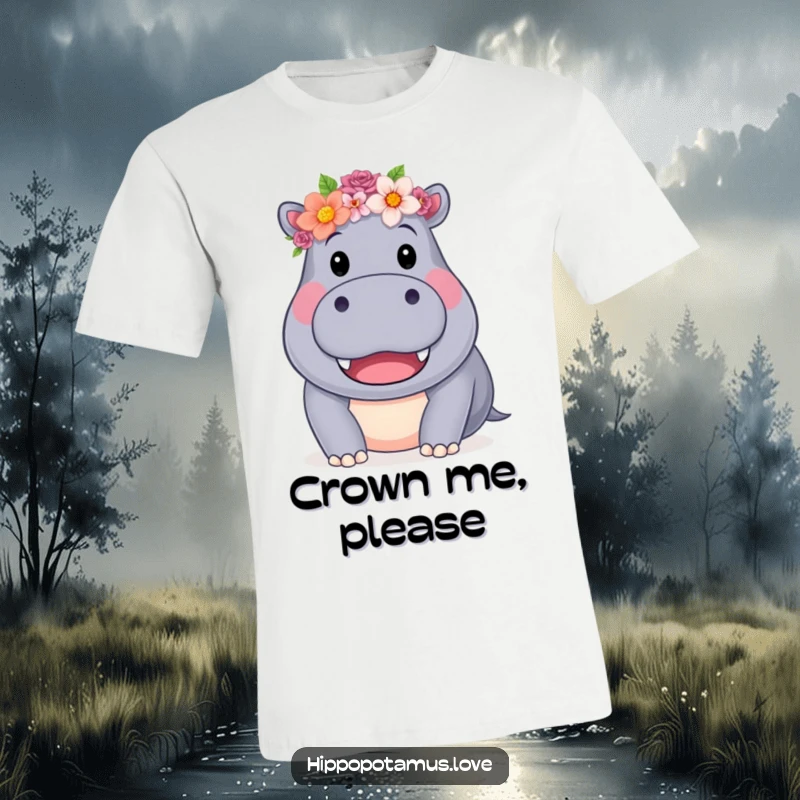 Funny Hippo Flower Crown T-Shirt with a friendly hippo wearing a flower crown and big smile, a delightful funny gift.