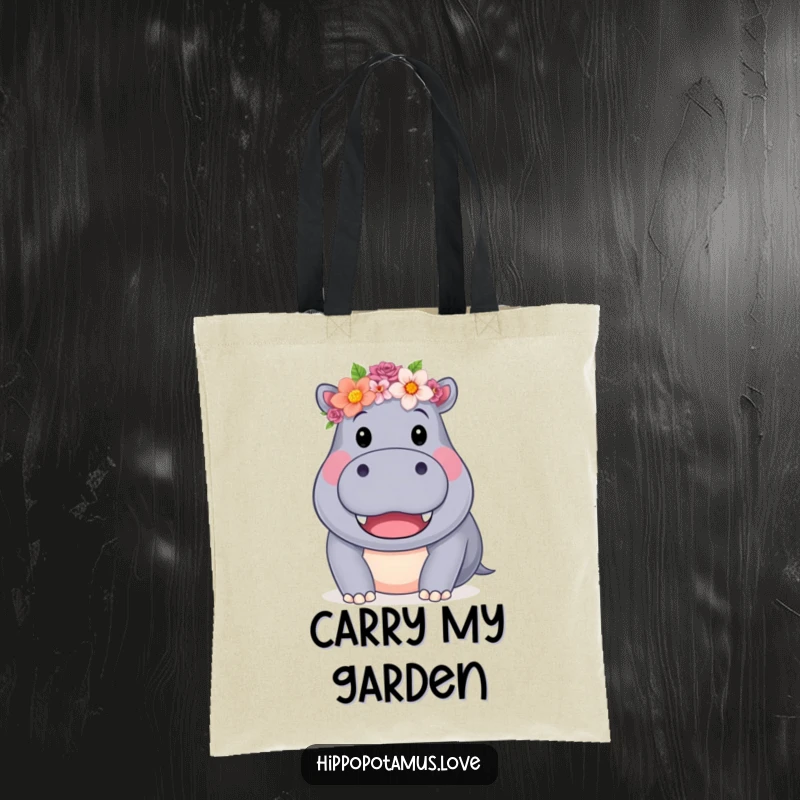 Funny Hippo Flower Crown Tote Bag showing a friendly hippo with a flower crown and a big smile, a useful funny gift.
